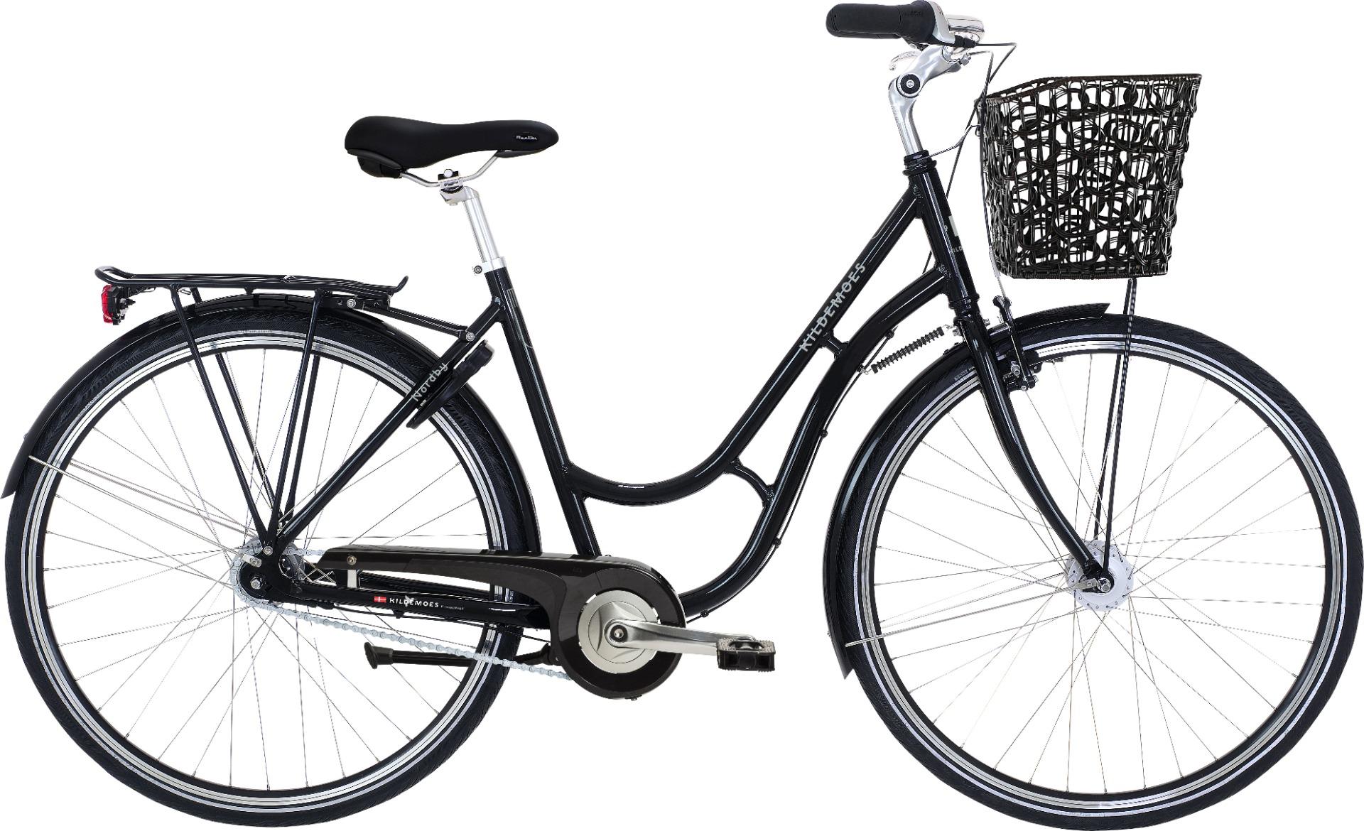 Kildemoes Nordby damecykel i sort med fastmonteret forkurv fra fabrikken