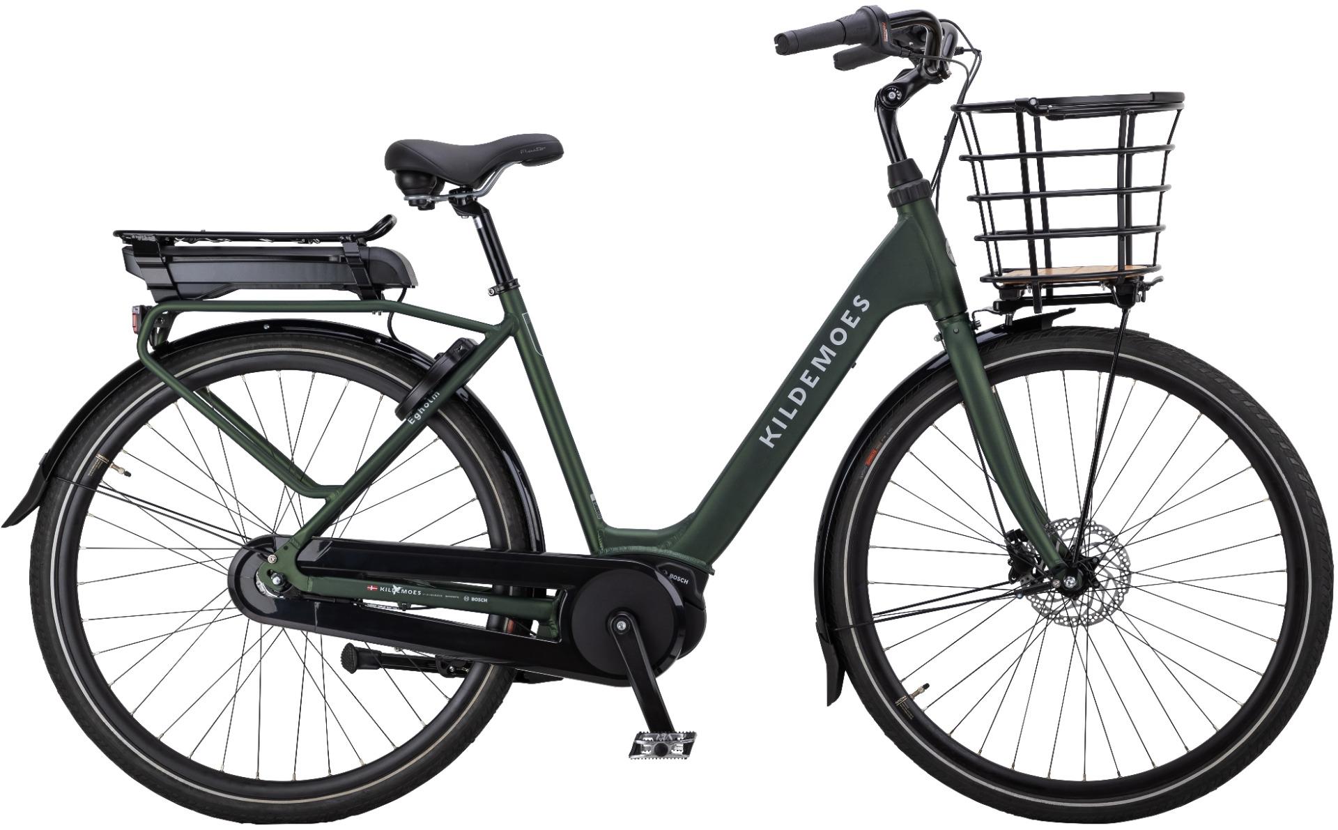 Kildemoes Egholm dame elcykel i racing green matt med Bosch centermotor og frontbagagebærer