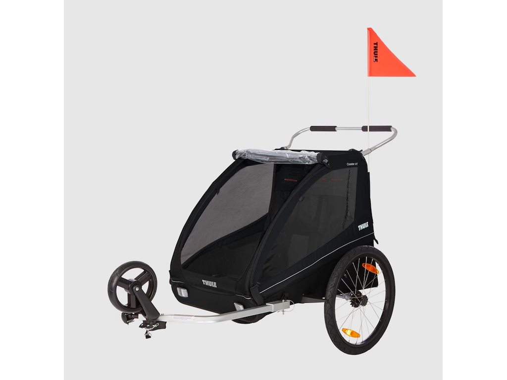 Thule Coaster XT cykelanhænger til to børn i sort med skubbebøjle og bagagerum