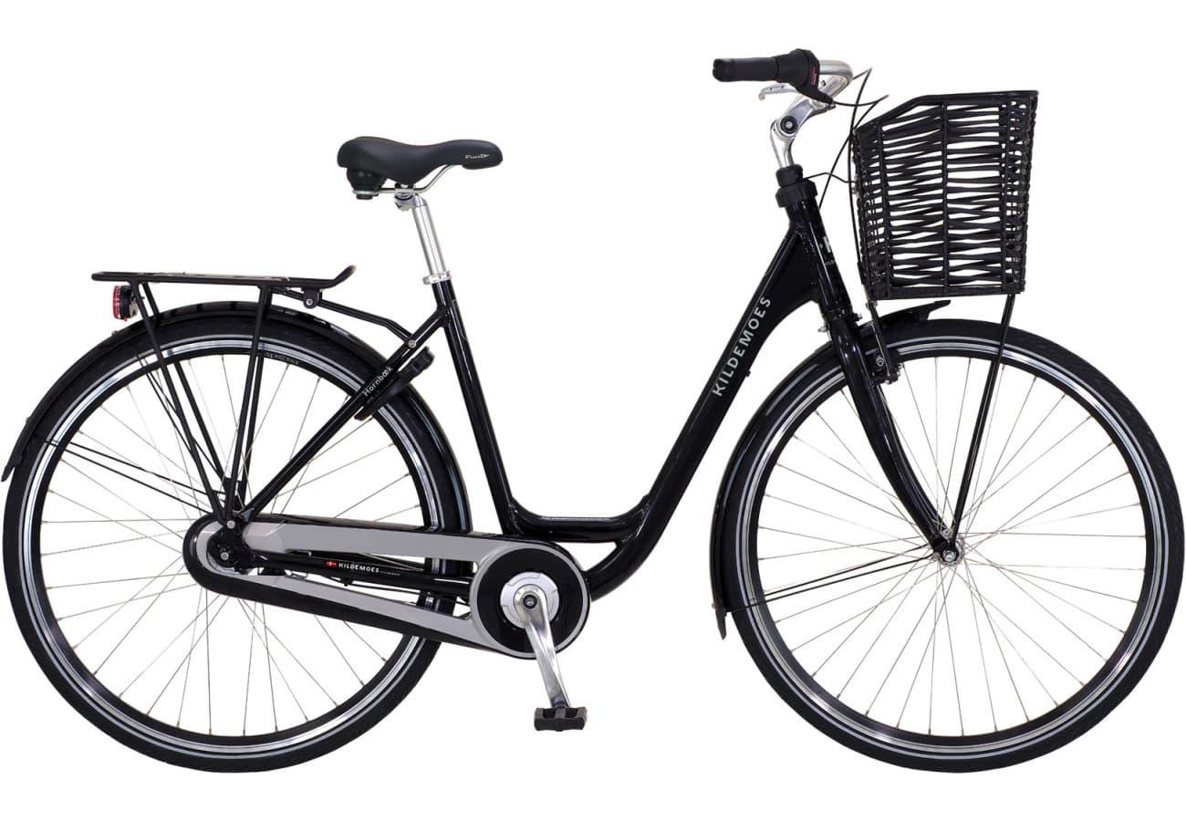 Kildemoes Hornbæk damecykel i sort, retro bycykel med kurvevenlig styrtaske og lav indstigning