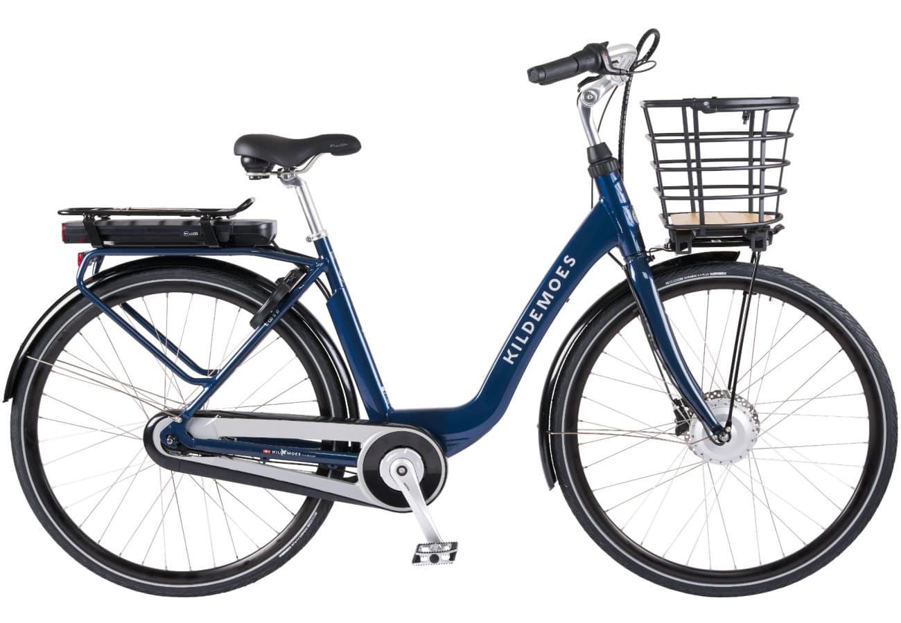 Kildemoes Læsø dame elcykel i mørkeblå med integreret bagagebærer og styrlås