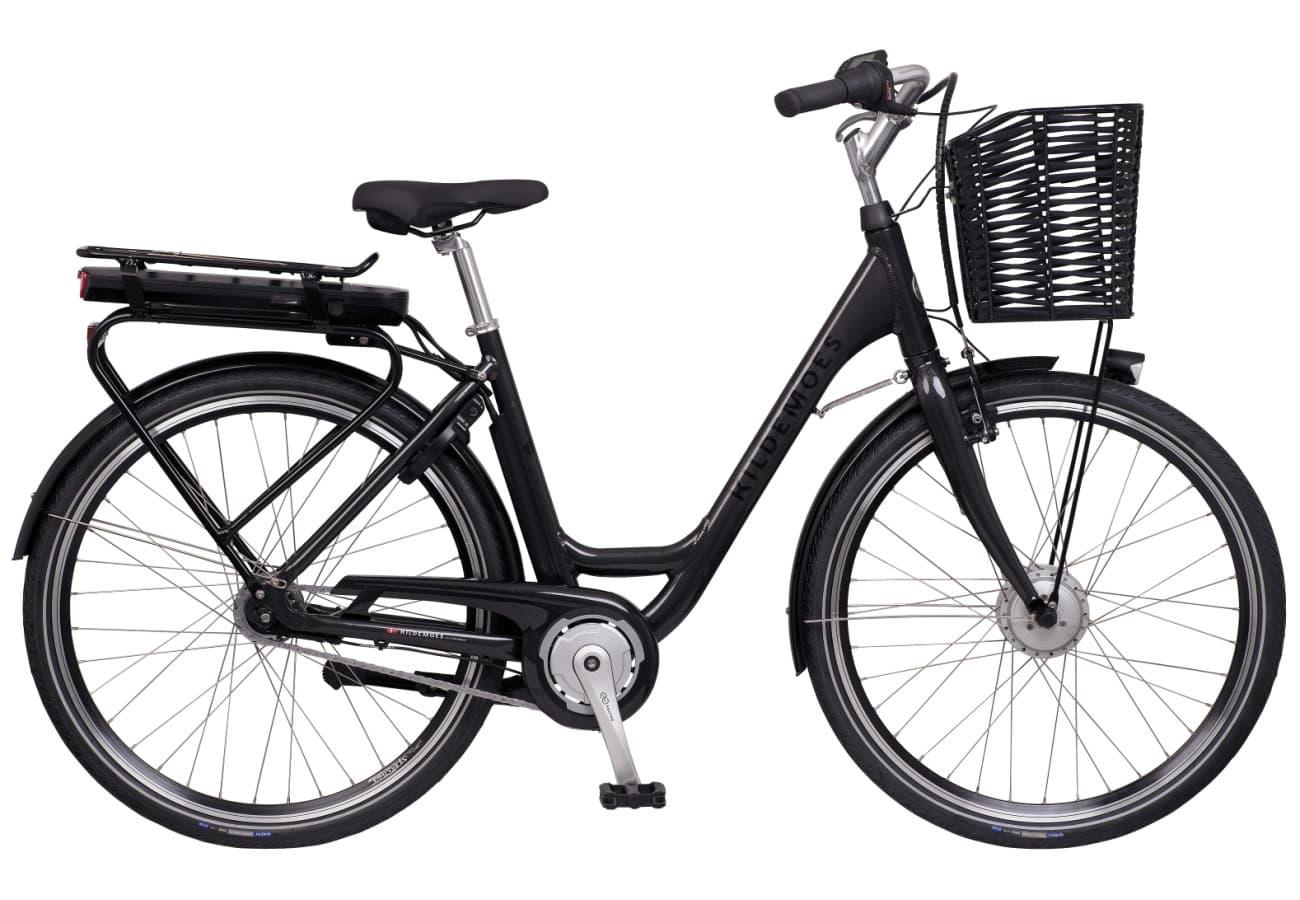 Kildemoes Lilleø dame elcykel i sort med fastmonteret stålkurv og 26 tommers hjul